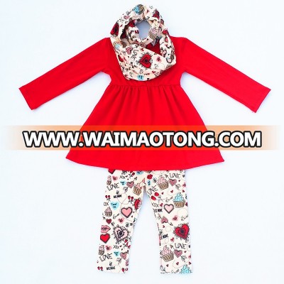 New Arrival outfits with scarf baby girls kids children remake boutique fashion cheap pink Valentines Day sets